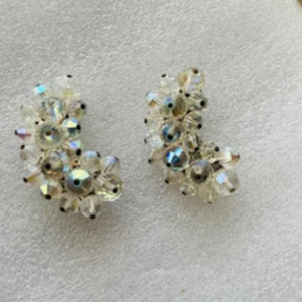 Vintage Laguna AB crystal beaded crescent moon clip-on earrings.